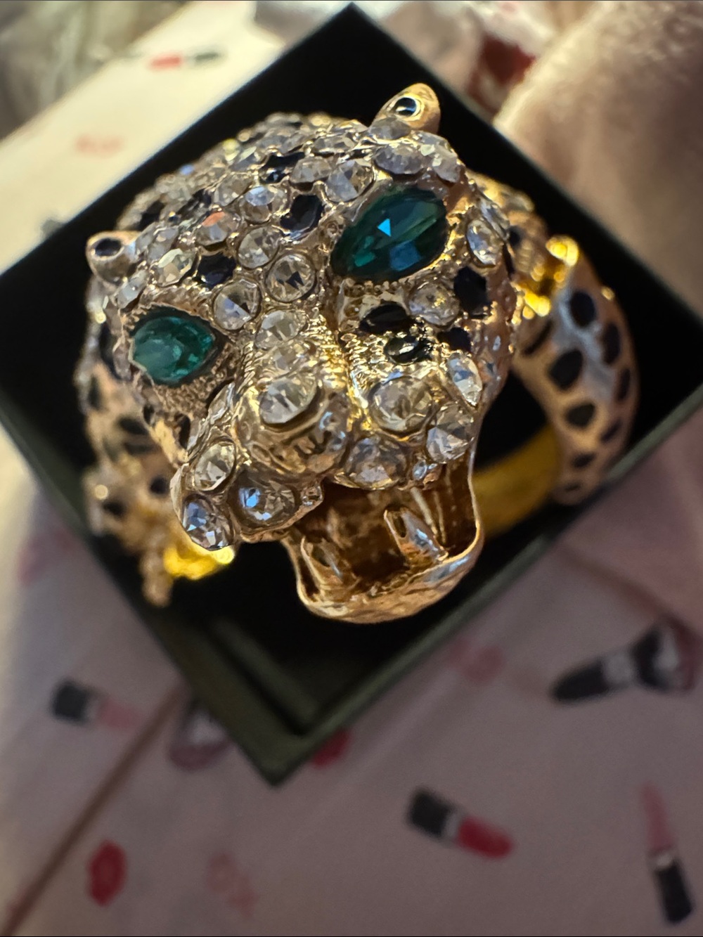 Gold-Tone Emerald & Crystal crouching Leopard bangle braWomen's Statement Jewels